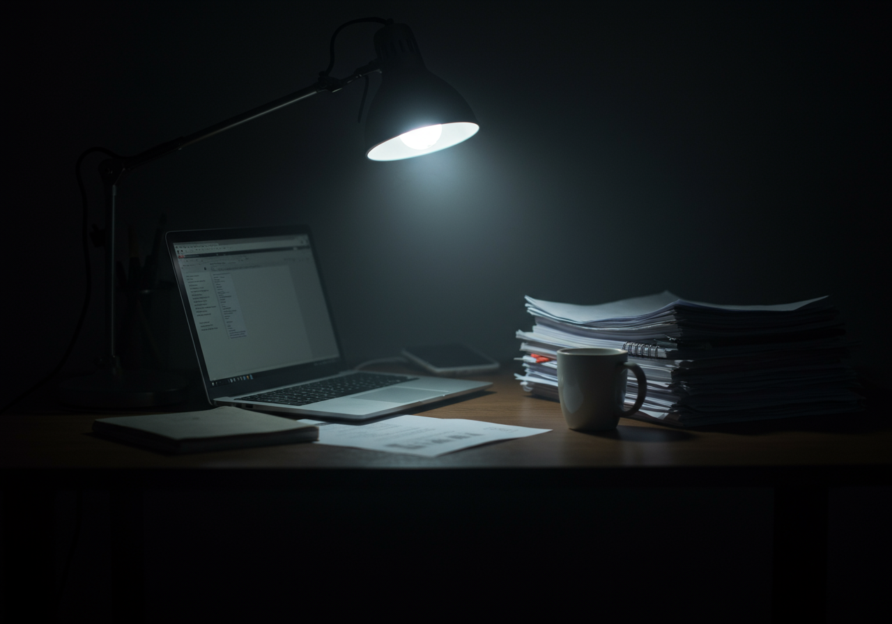 Bureau en fin de soirée avec un ordinateur allumé, symbolisant le stress et les heures supplémentaires de la rédaction de PV.